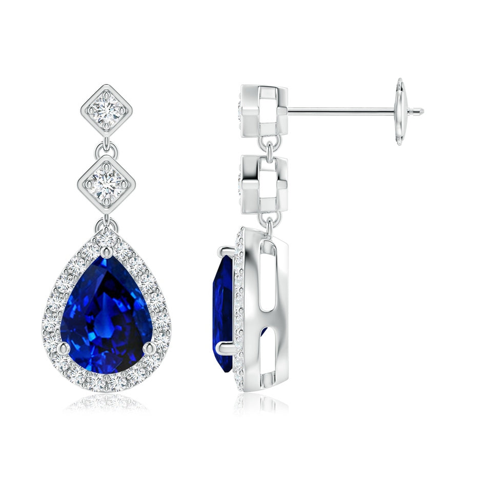 Lab-Grown Pear Blue Sapphire Drop Earrings with Lab Diamond Halo