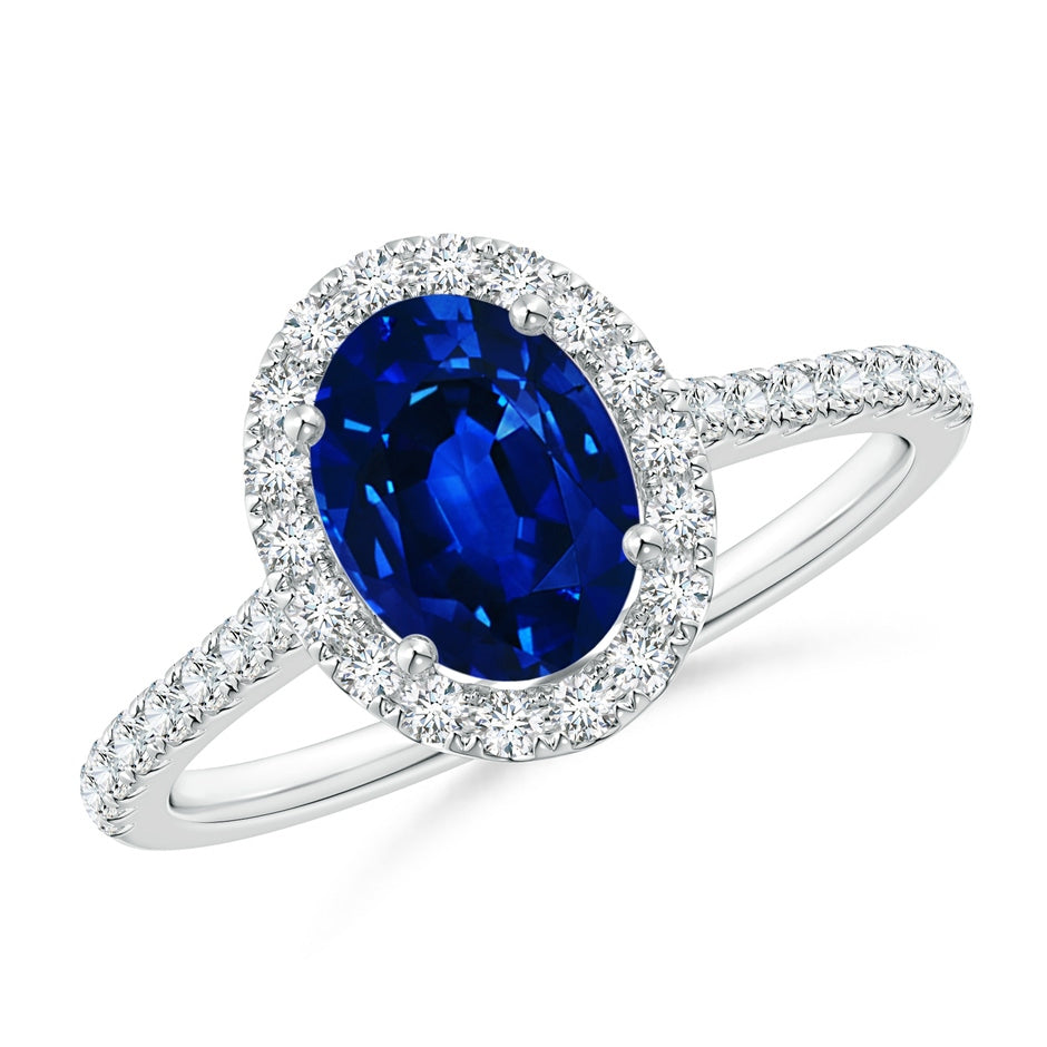 Prong-Set Oval Lab-Grown Sapphire Halo Ring with Diamond Accents