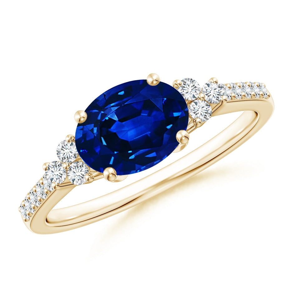 Lab-Grown Horizontally Set Oval Sapphire Solitaire Ring with Trio Lab Diamond Accents