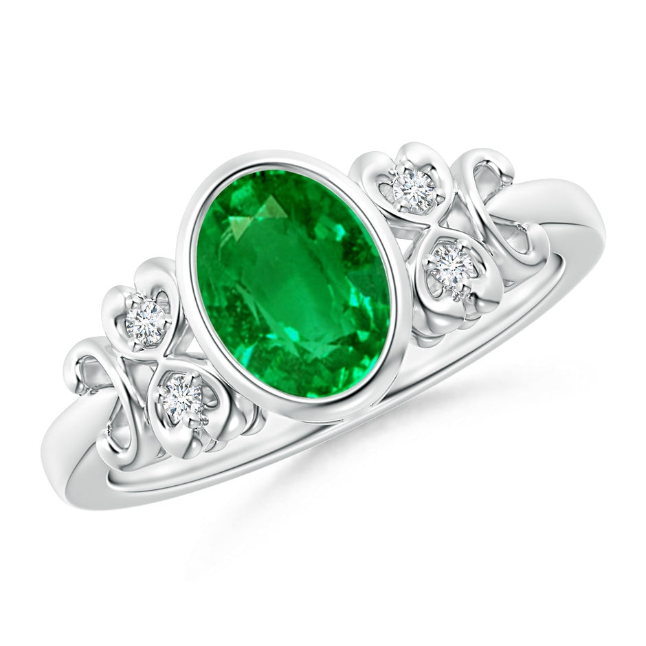 Lab-Grown Vintage Style Bezel-Set Oval Emerald Ring with Diamonds