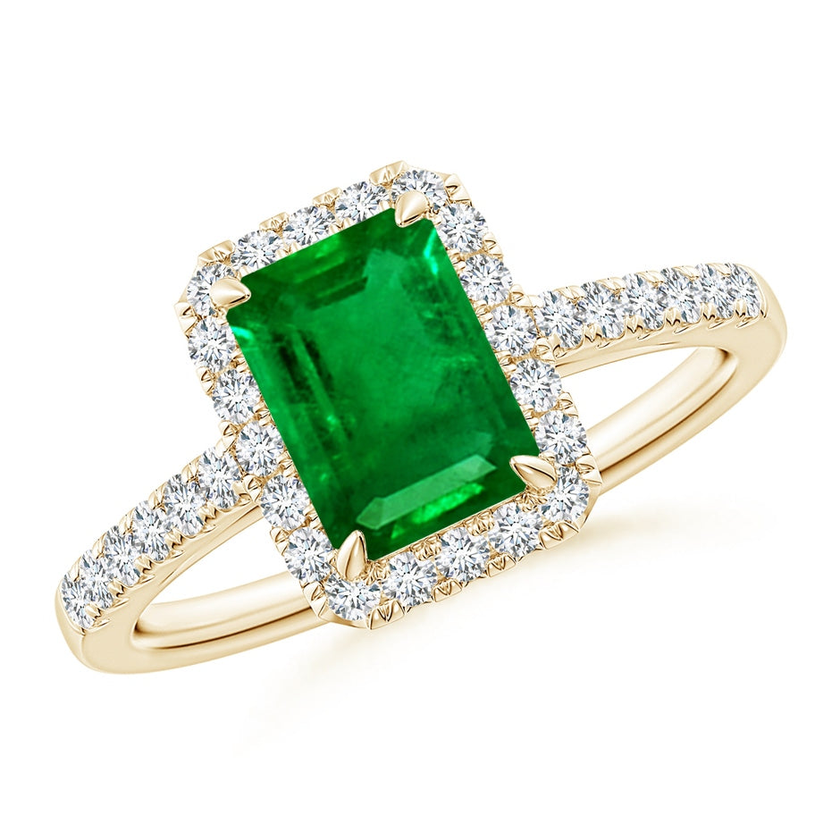 Lab-Grown Emerald-Cut Emerald Ring with Diamond Halo