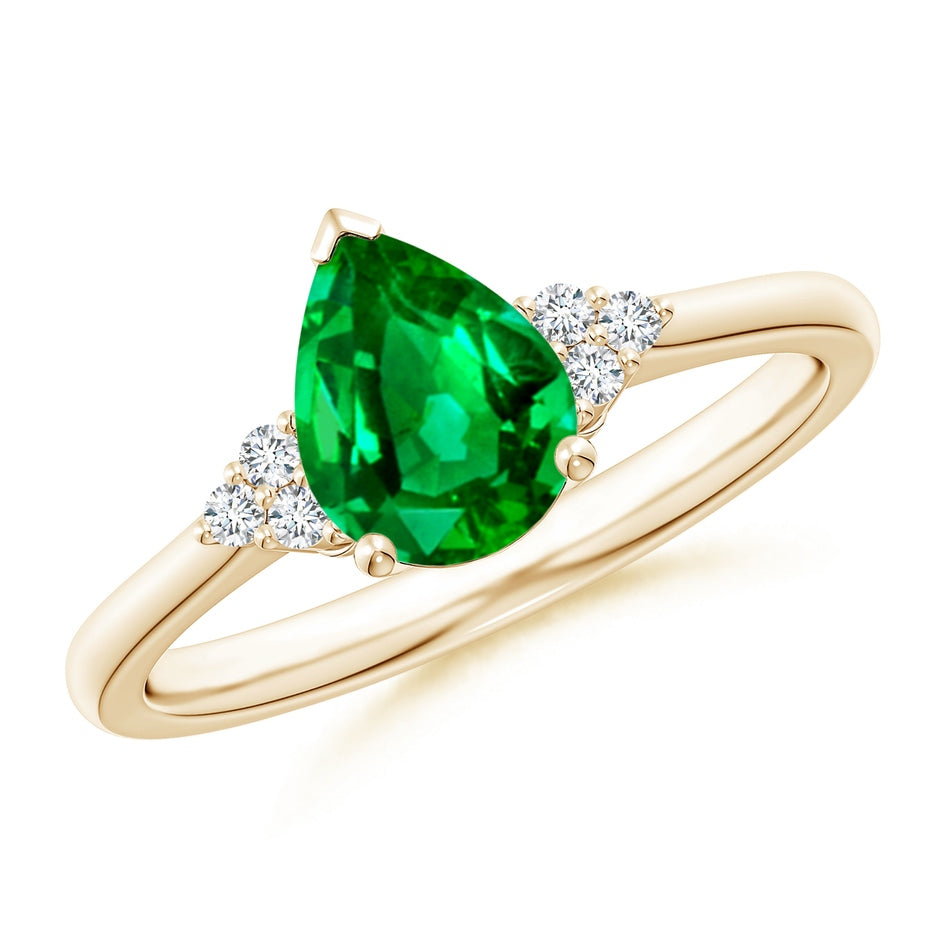 Lab-Grown Pear Emerald Solitaire Ring with Trio Diamond Accents
