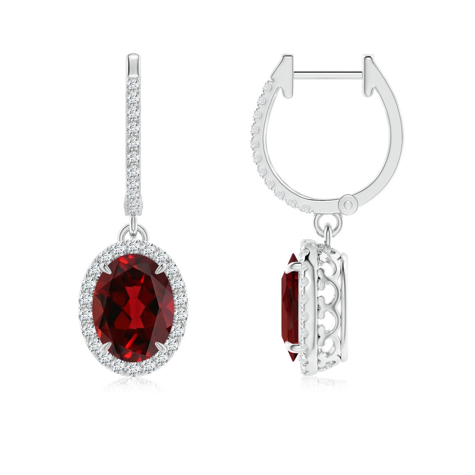 Oval Garnet Dangle Earrings with Diamond Halo