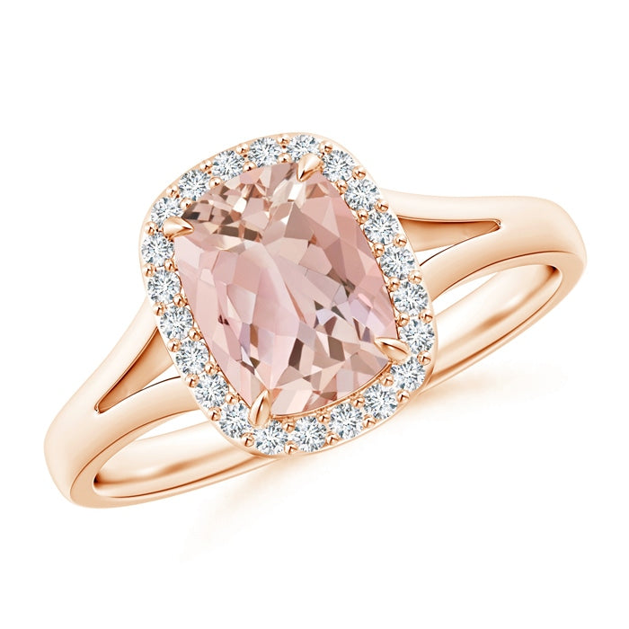 Claw-Set Cushion Morganite Halo Split Shank Ring