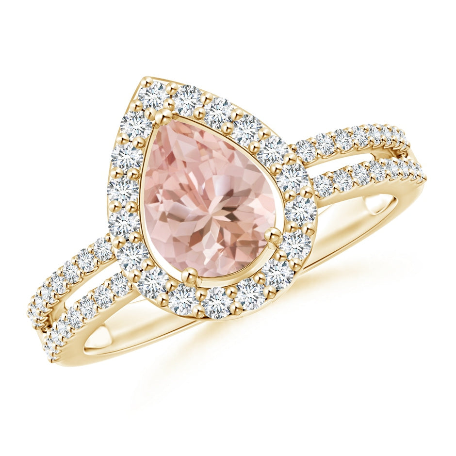 Pear Morganite and Diamond Halo Split Shank Ring