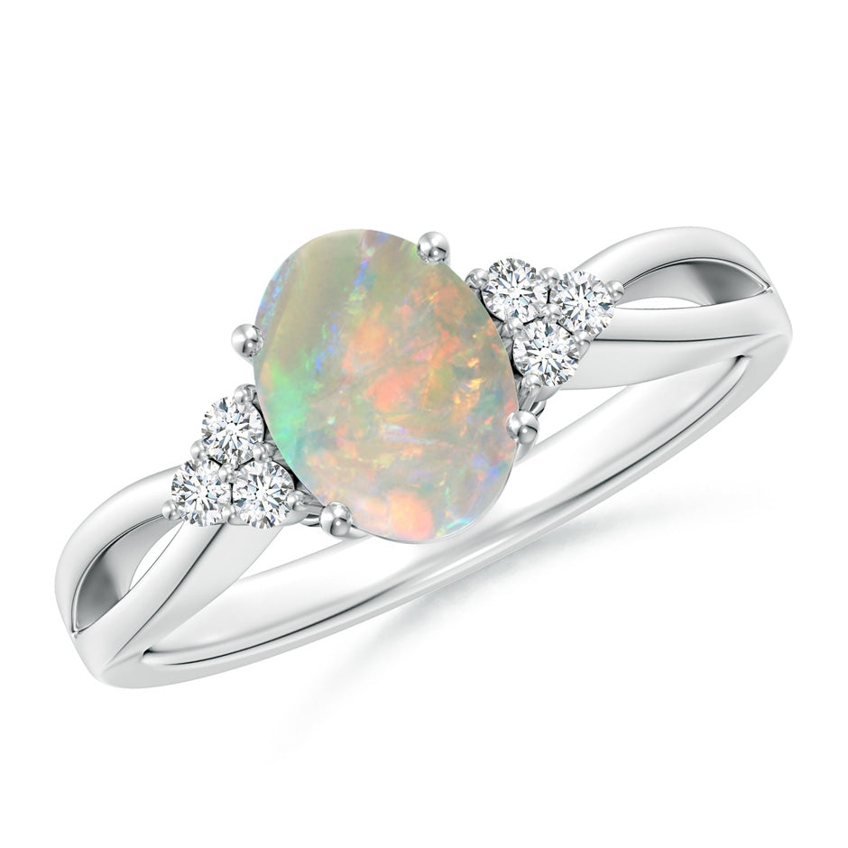 Solitaire Oval Opal Split Shank Ring with Trio Diamonds
