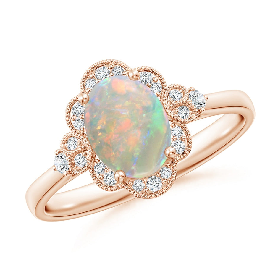 Victorian Style Oval Opal and Diamond Halo Engagement Ring