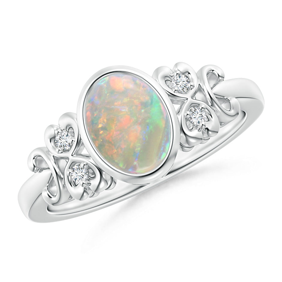 Vintage Style Bezel-Set Oval Opal Ring with Diamonds