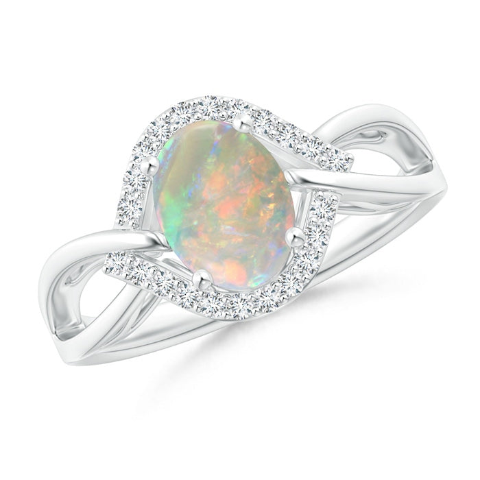 Oval-Shaped Opal Entangled Split Shank Ring with Diamond Halo