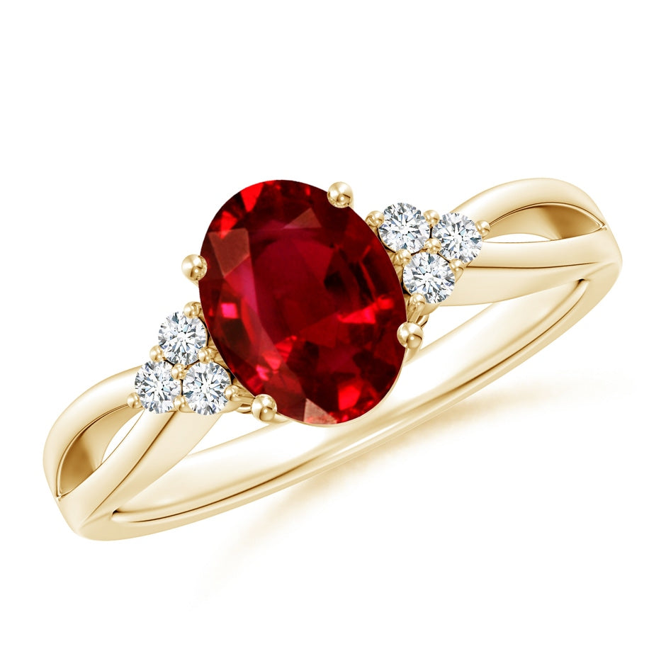 Solitaire Oval Ruby Split Shank Engagement Ring with Trio Diamonds