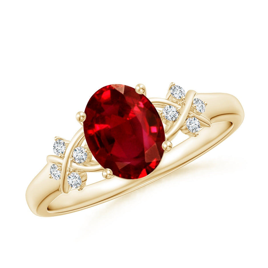 Solitaire Oval Ruby Criss Cross Ring with Diamonds