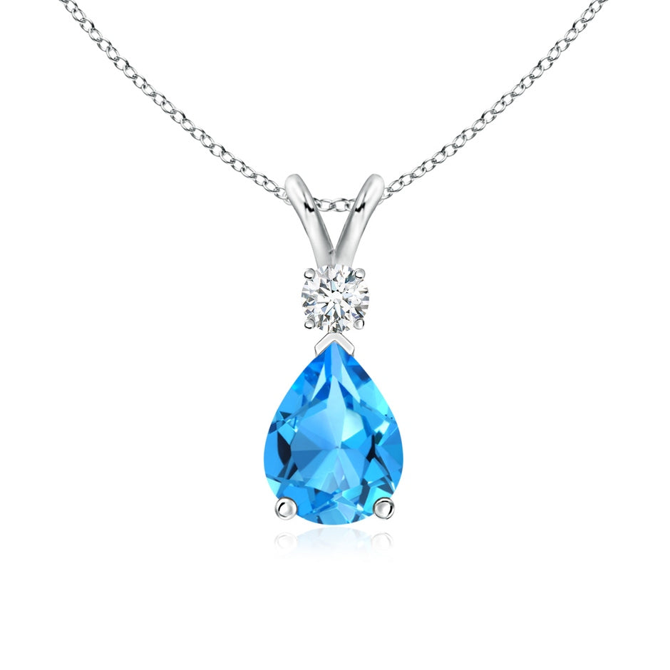 Prong-Set Swiss Blue Topaz Teardrop V-Bale Pendant with Diamond