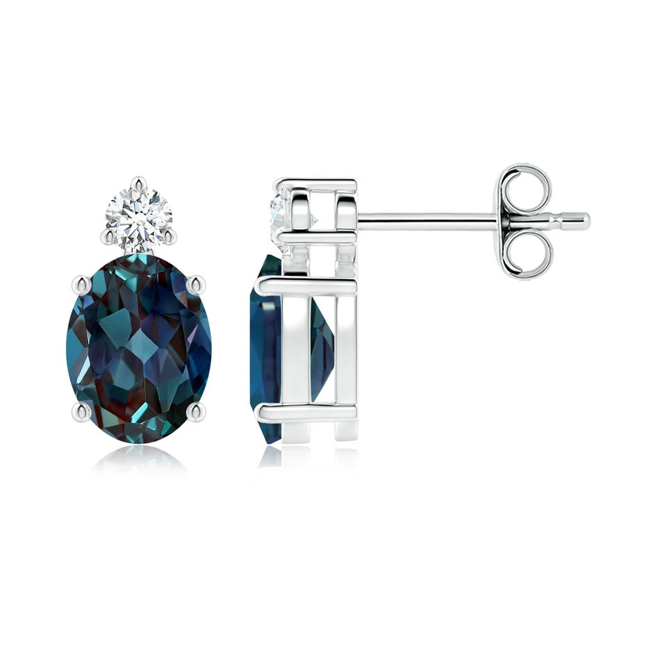 Basket-Set Oval Lab-Grown Alexandrite Stud Earrings with Diamond