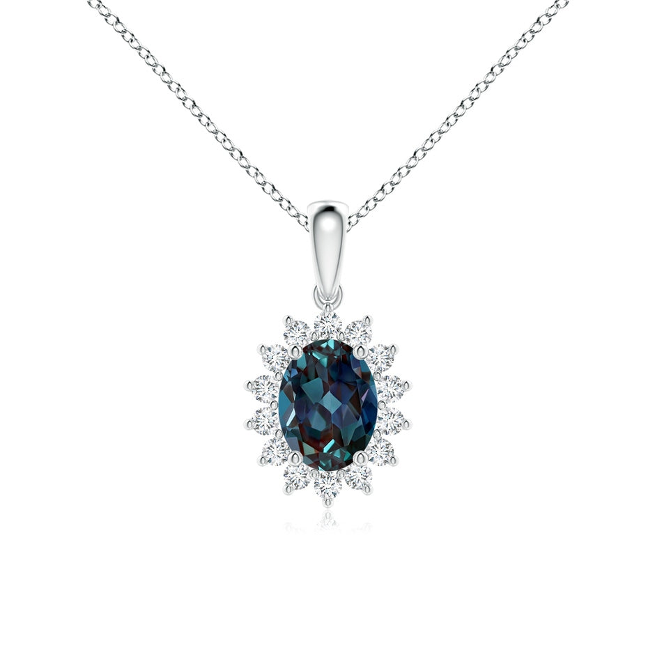 Oval Lab-Grown Alexandrite Pendant with Floral Diamond Halo
