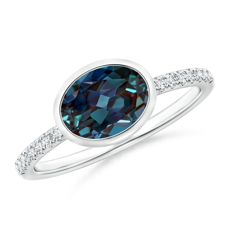 East-West Bezel-Set Oval Lab-Grown Alexandrite and Diamond Ring