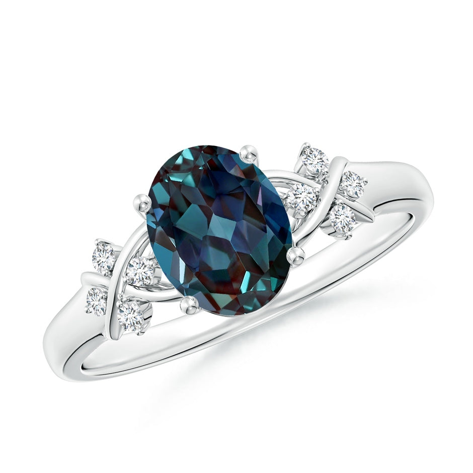 Solitaire Oval Lab-Grown Alexandrite Criss Cross Ring with Diamonds