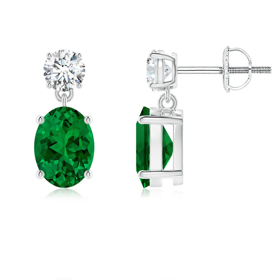 Prong-Set Lab-Grown Oval Emerald and Round Diamond Drop Earrings