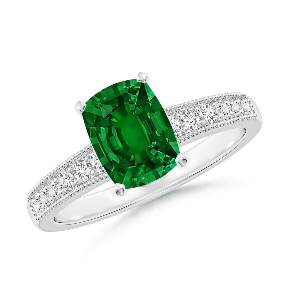 Lab-Grown Vintage Style Cushion Rectangular Emerald Engagement Ring with Accents