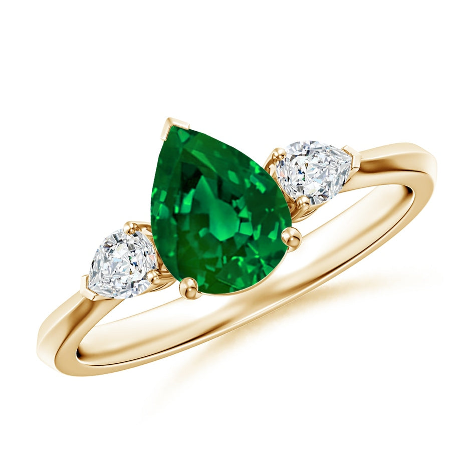 Prong-Set Pear Emerald and Diamond Three Stone Engagement Ring