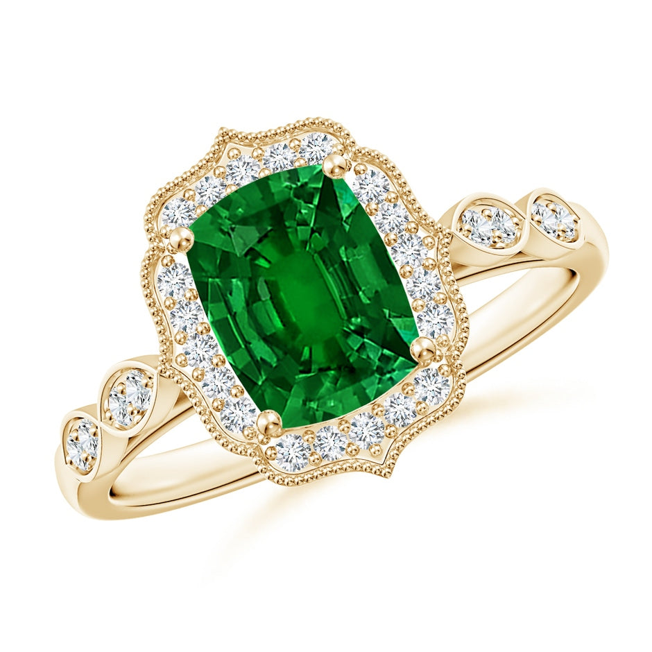Lab-Grown Vintage Inspired Cushion Rectangular Emerald Ornate Halo Engagement Ring