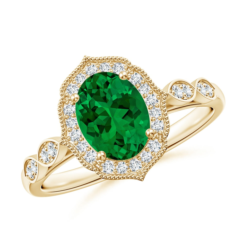Lab-Grown Vintage Inspired Oval Emerald Ornate Halo Engagement Ring