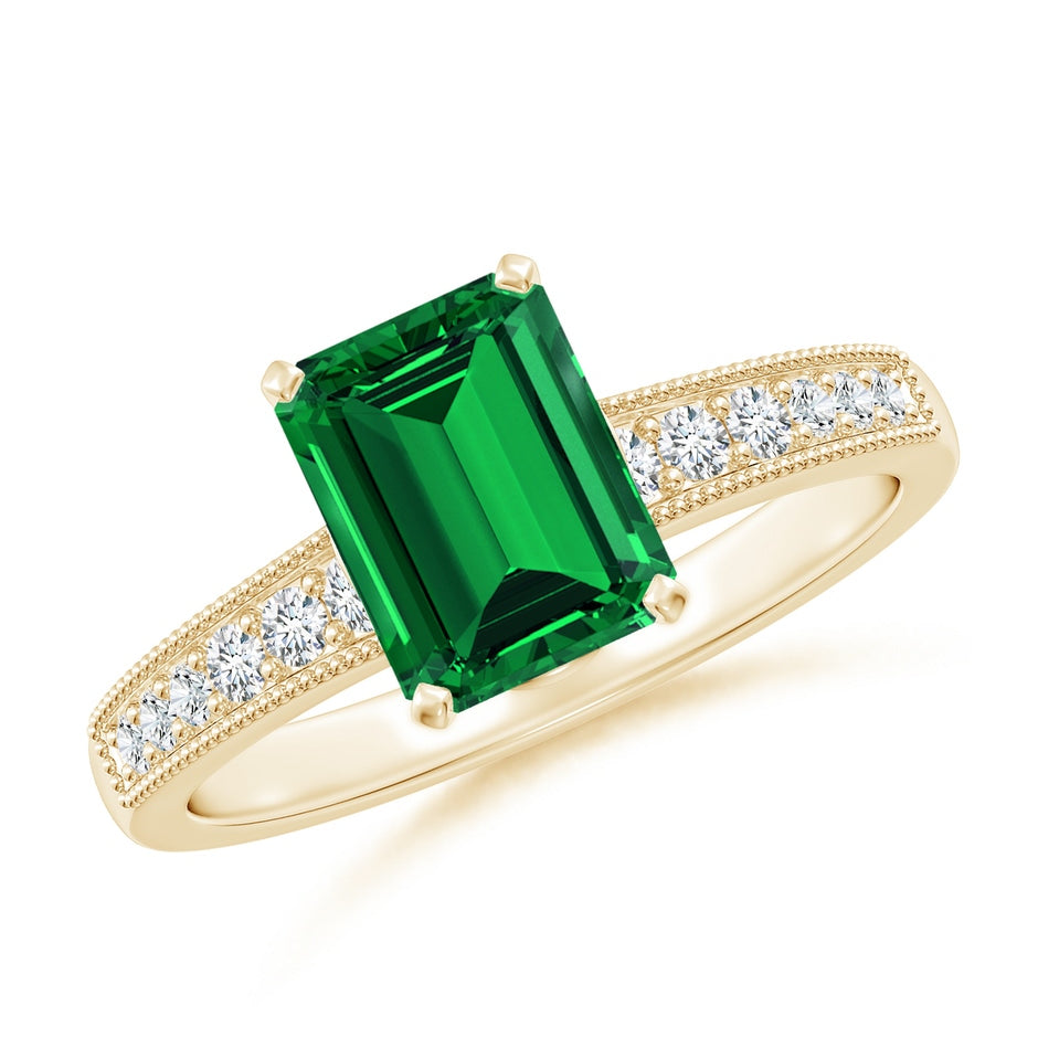 Lab-Grown Vintage Style Emerald-Cut Emerald Engagement Ring with Accents