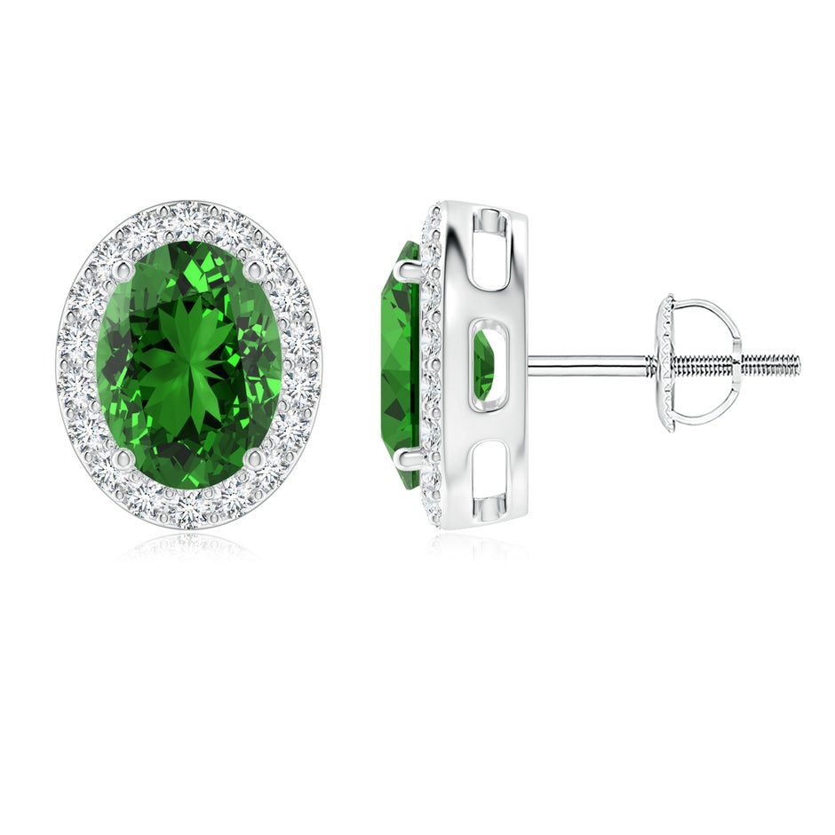 Prong-Set Oval Lab-Grown Emerald Stud Earrings with Diamond Halo