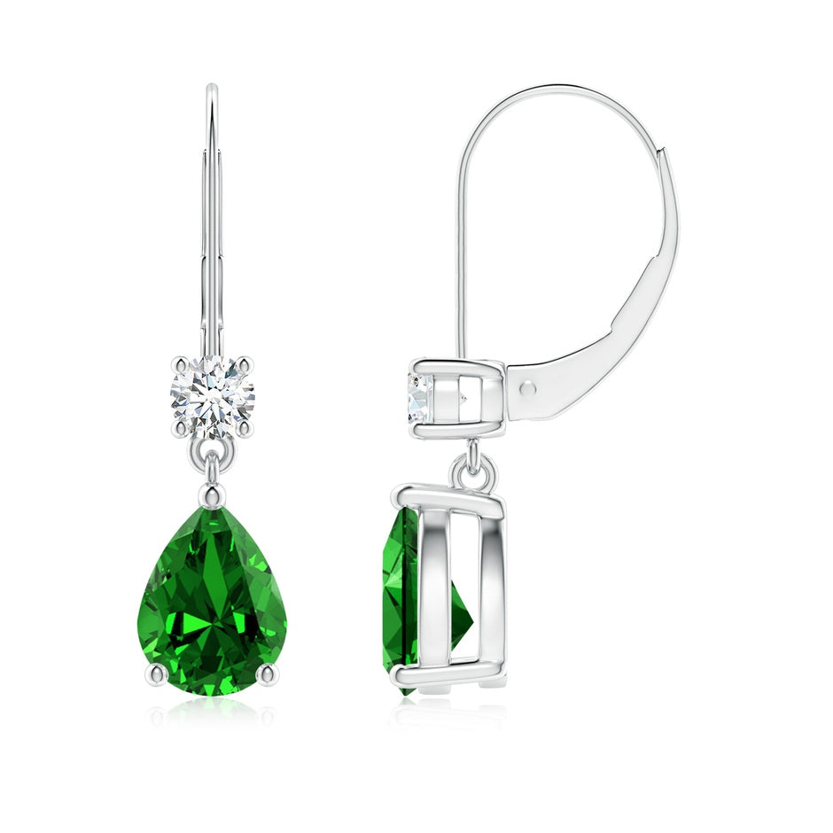 Lab-Grown Pear Emerald Leverback Drop Earrings with Diamond