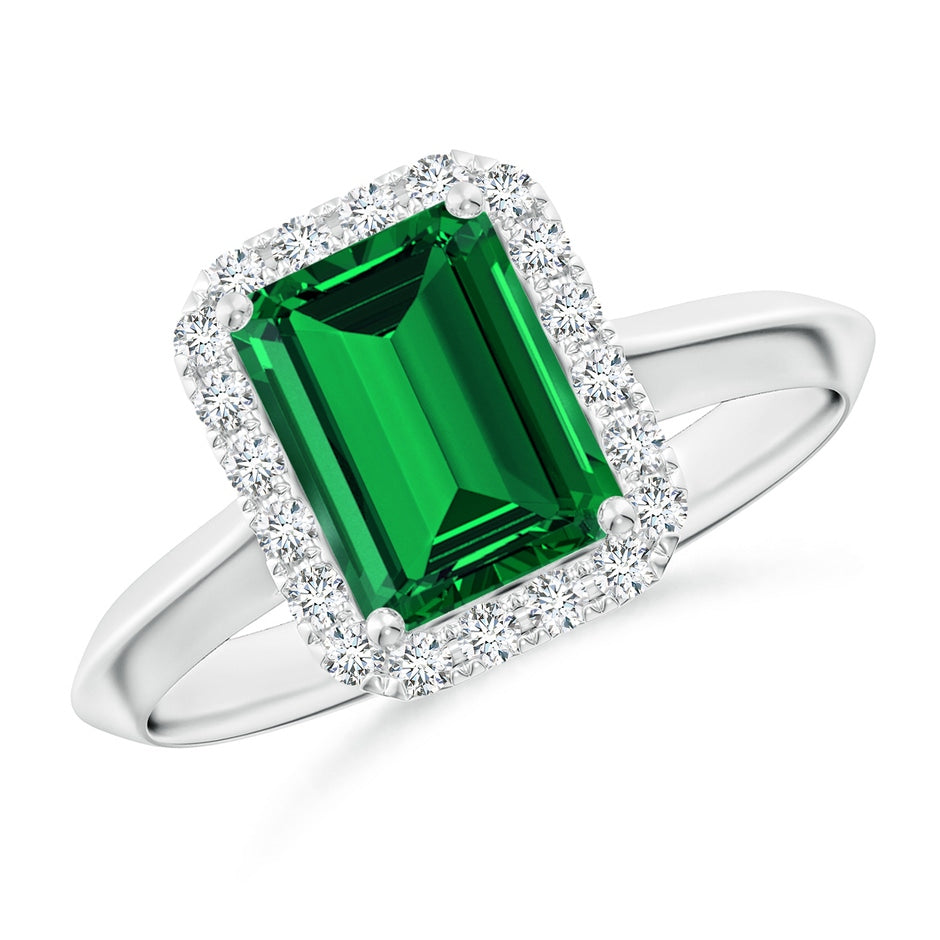 Lab-Grown Emerald-Cut Emerald Halo Knife-Edge Shank Engagement Ring