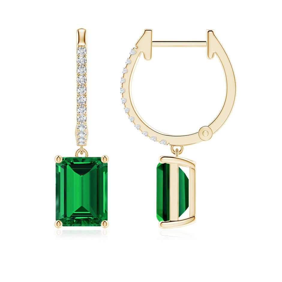 Emerald-Cut Lab-Grown Emerald Hoop Drop Earrings with Diamonds
