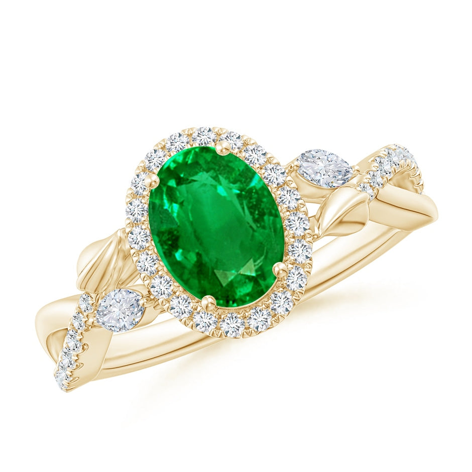 Lab-Grown Oval Emerald Twisted Vine Ring with Diamond Halo
