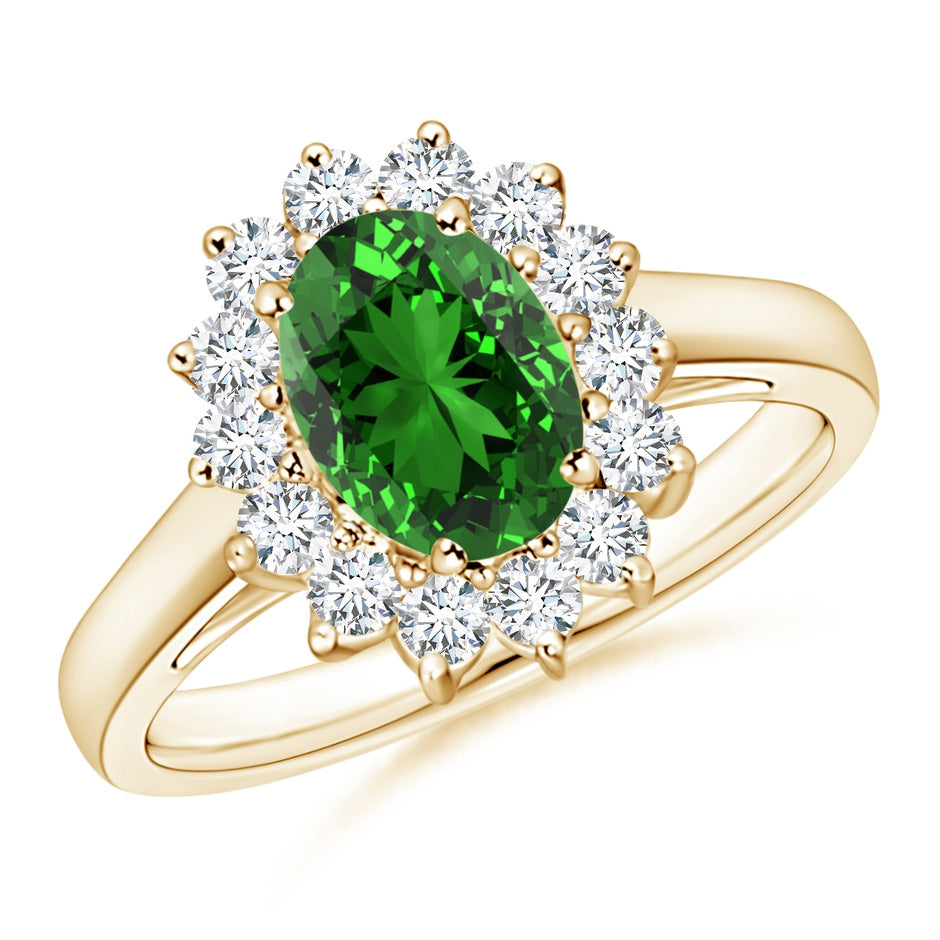 Lab-Grown Princess Diana Inspired Emerald Ring with Lab Diamond Halo