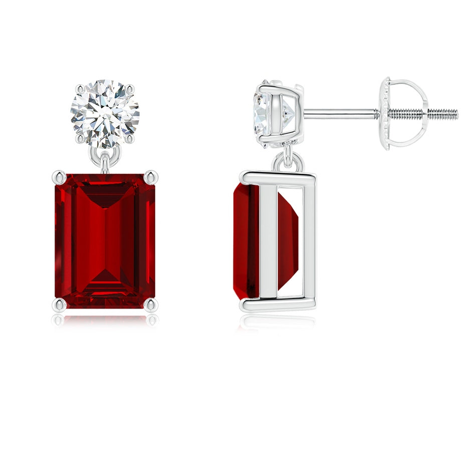 Lab-Grown Emerald-Cut Ruby Drop Earrings with Lab Diamond