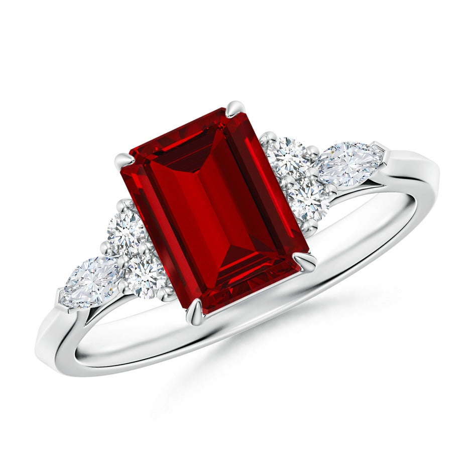 Emerald-Cut Lab-Grown Ruby Side Stone Engagement Ring with Diamonds