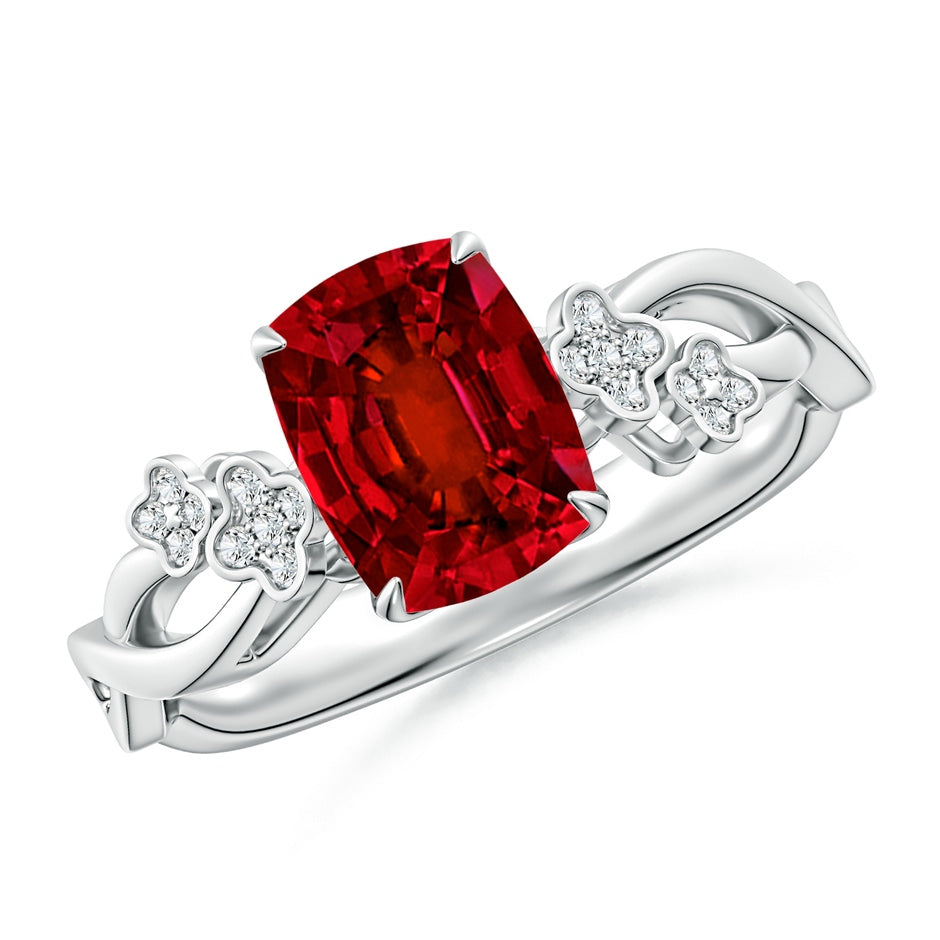 Lab-Grown Nature-Inspired Cushion Rectangular Ruby Floral Engagement Ring