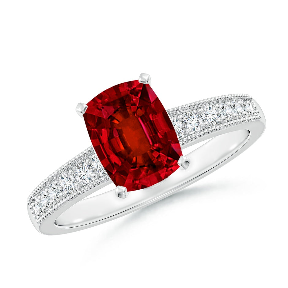 Lab-Grown Vintage Style Cushion Rectangular Ruby Engagement Ring with Accents