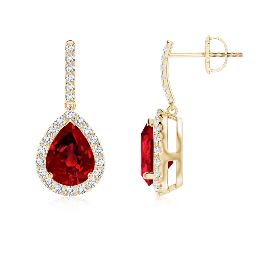 Lab-Grown Pear-Shaped Ruby Halo Dangle Earrings