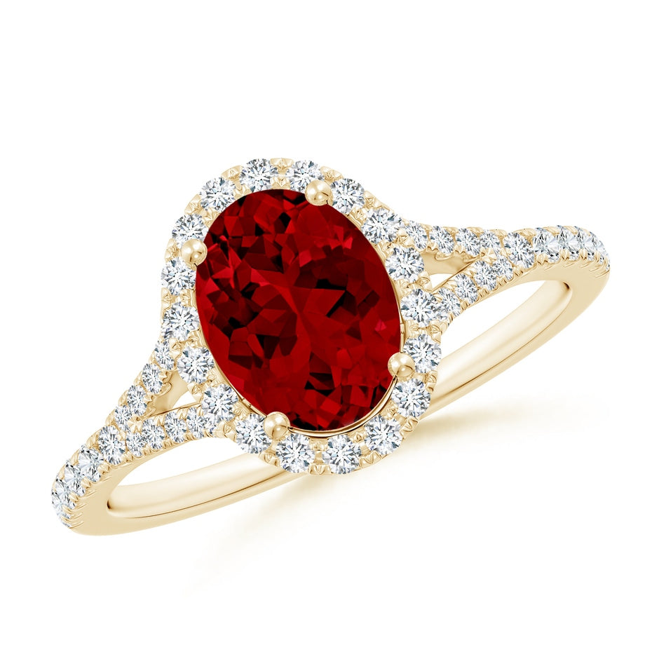 Lab-Grown Oval Ruby Halo Split Shank Engagement Ring