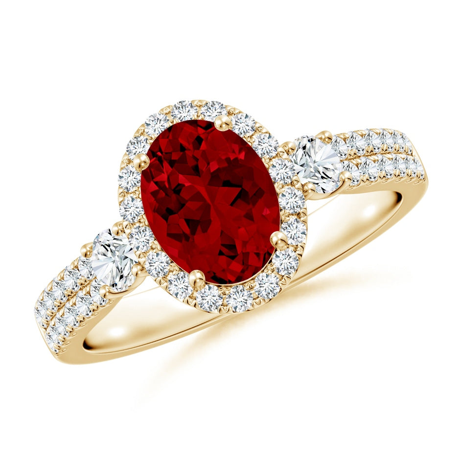 Oval Lab-Grown Ruby Halo Double Shank Engagement Ring