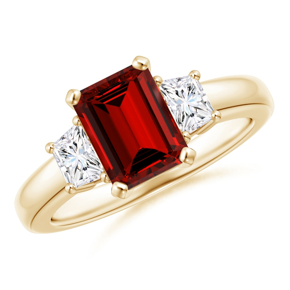 Lab-Grown Emerald-Cut Ruby and Trapezoid Diamond Three Stone Ring