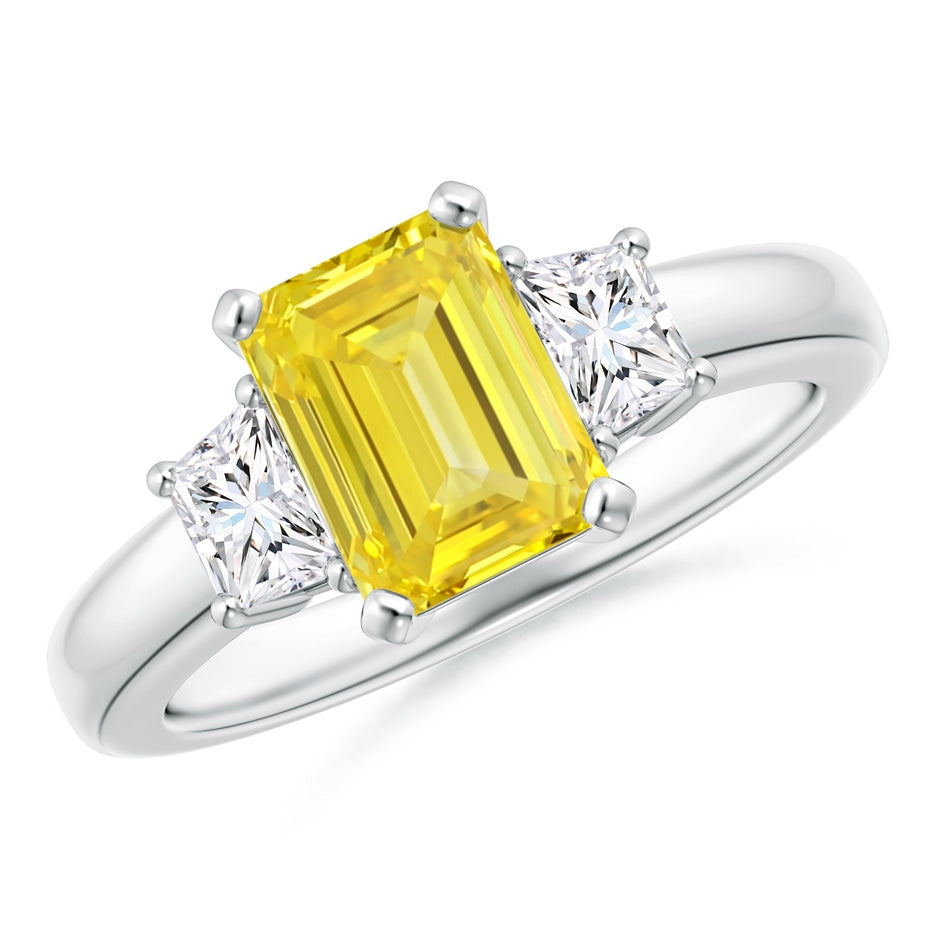 Lab-Grown Fancy Intense Yellow Emerald-Cut and White Trapezoid Diamond Three Stone Ring