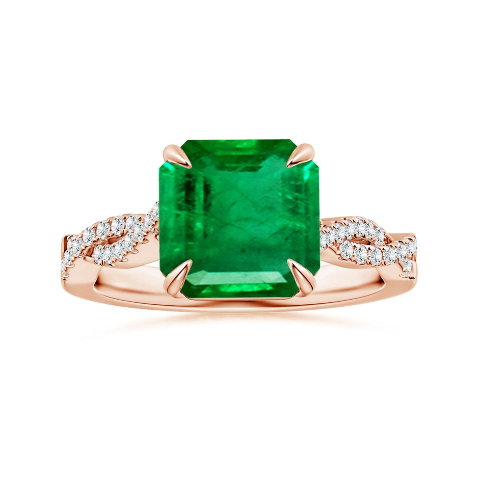 Claw-SetSquare Emerald Cut Emerald Ring with Twisted Diamond Shank
