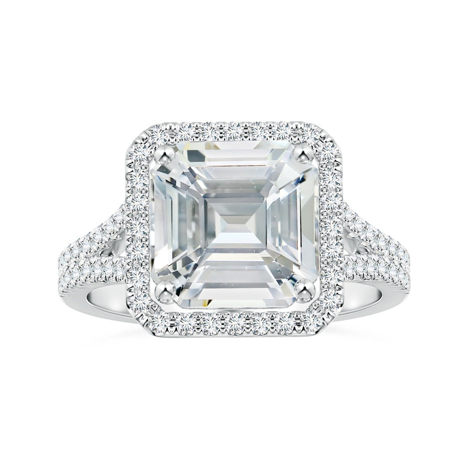 GIA Certified Emerald-Cut White Sapphire Split Shank Ring with Halo