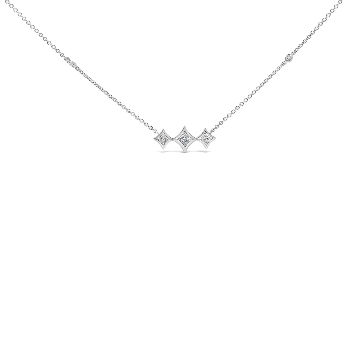 10K White Gold Bezel Set Princess Diamond 3 Stone Kite Shape and Station Necklace (H-I Color, SI2-I1 Clarity) - 18' Inches