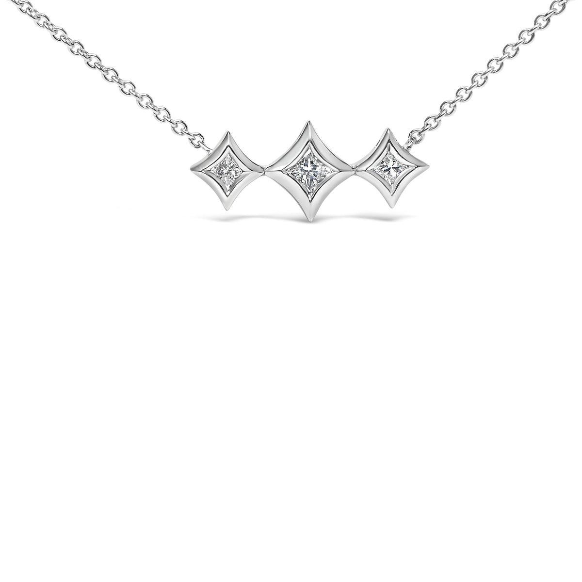 10K White Gold Bezel Set Princess Diamond 3 Stone Kite Shape and Station Necklace (H-I Color, SI2-I1 Clarity) - 18' Inches