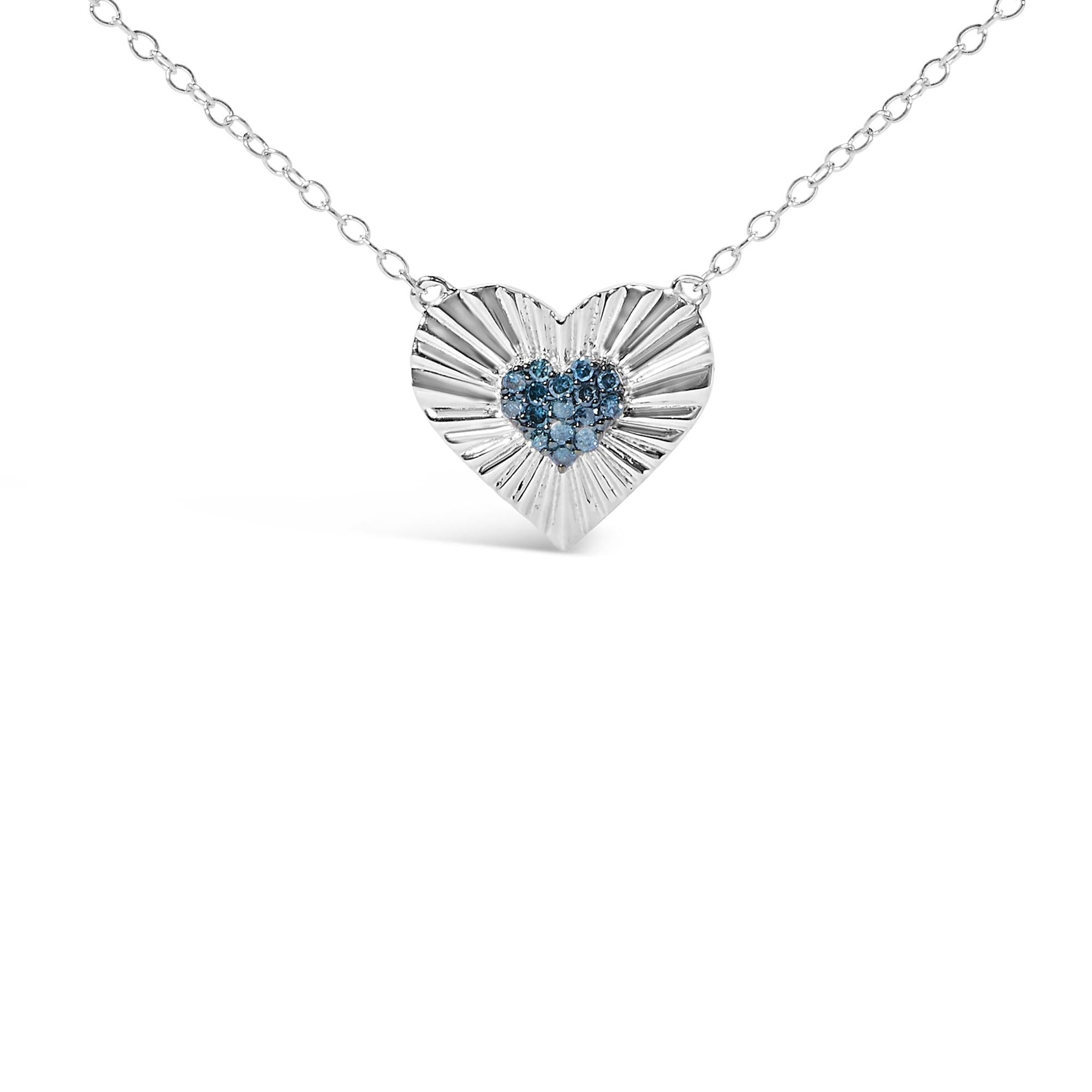 925 Sterling Silver 1/10 Cttw Treated Blue Diamond Cluster Heart 18' Pendant Necklace (Blue Color, I3 Clarity)