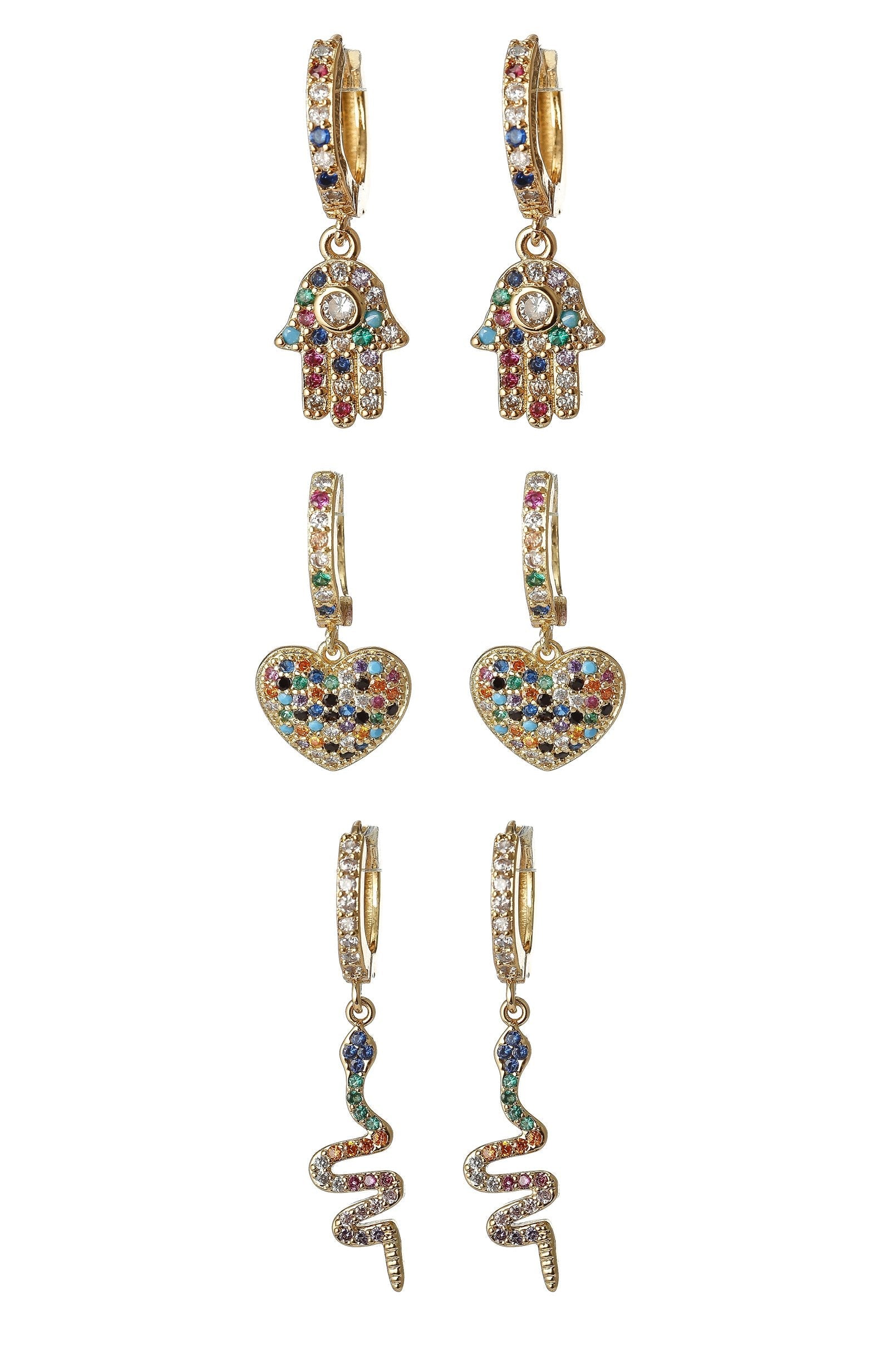 Hamsa, Heart and Snake Earring Set