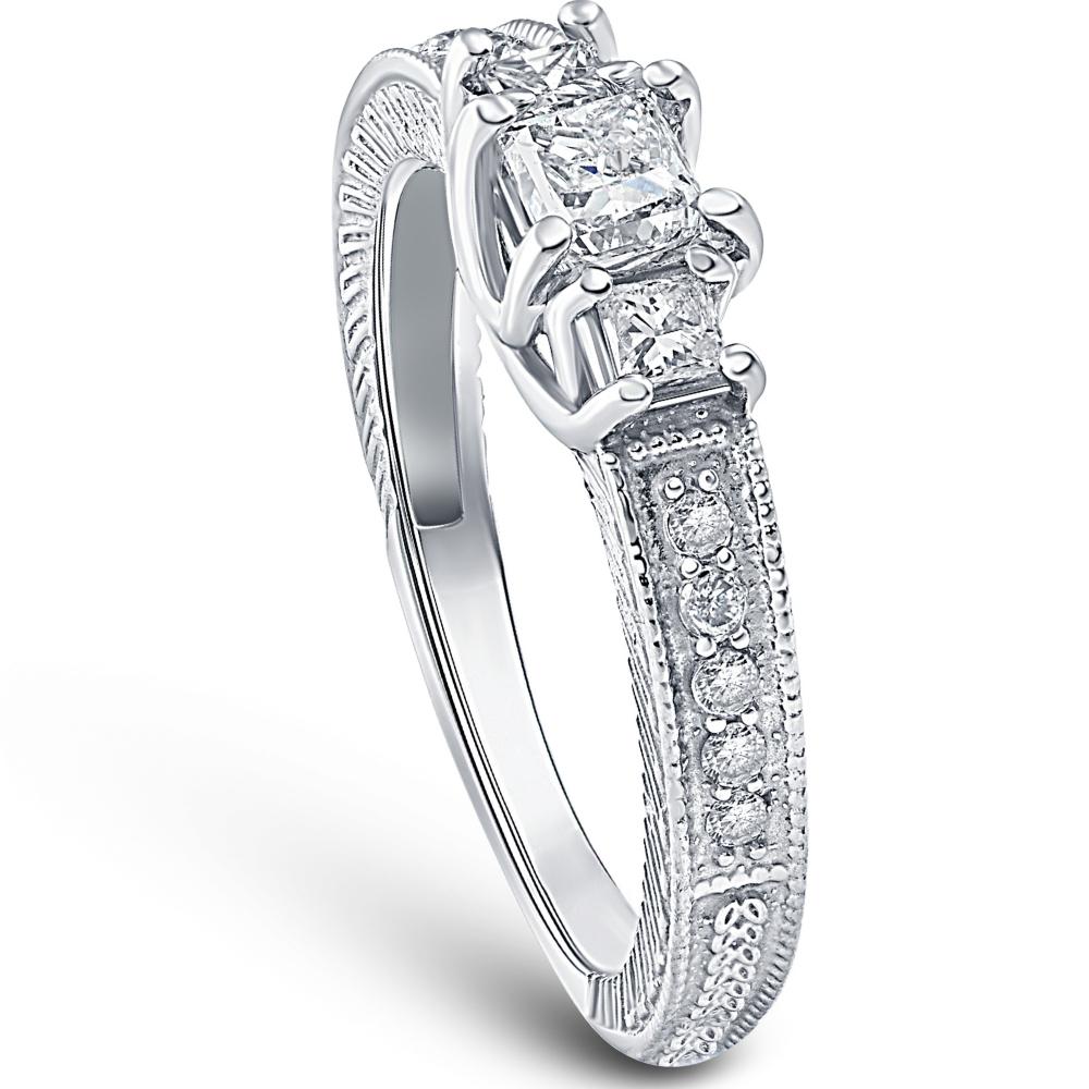 1/2 CT Vintage Three Stone Princess Cut Diamond Engagement Ring 14K White Gold