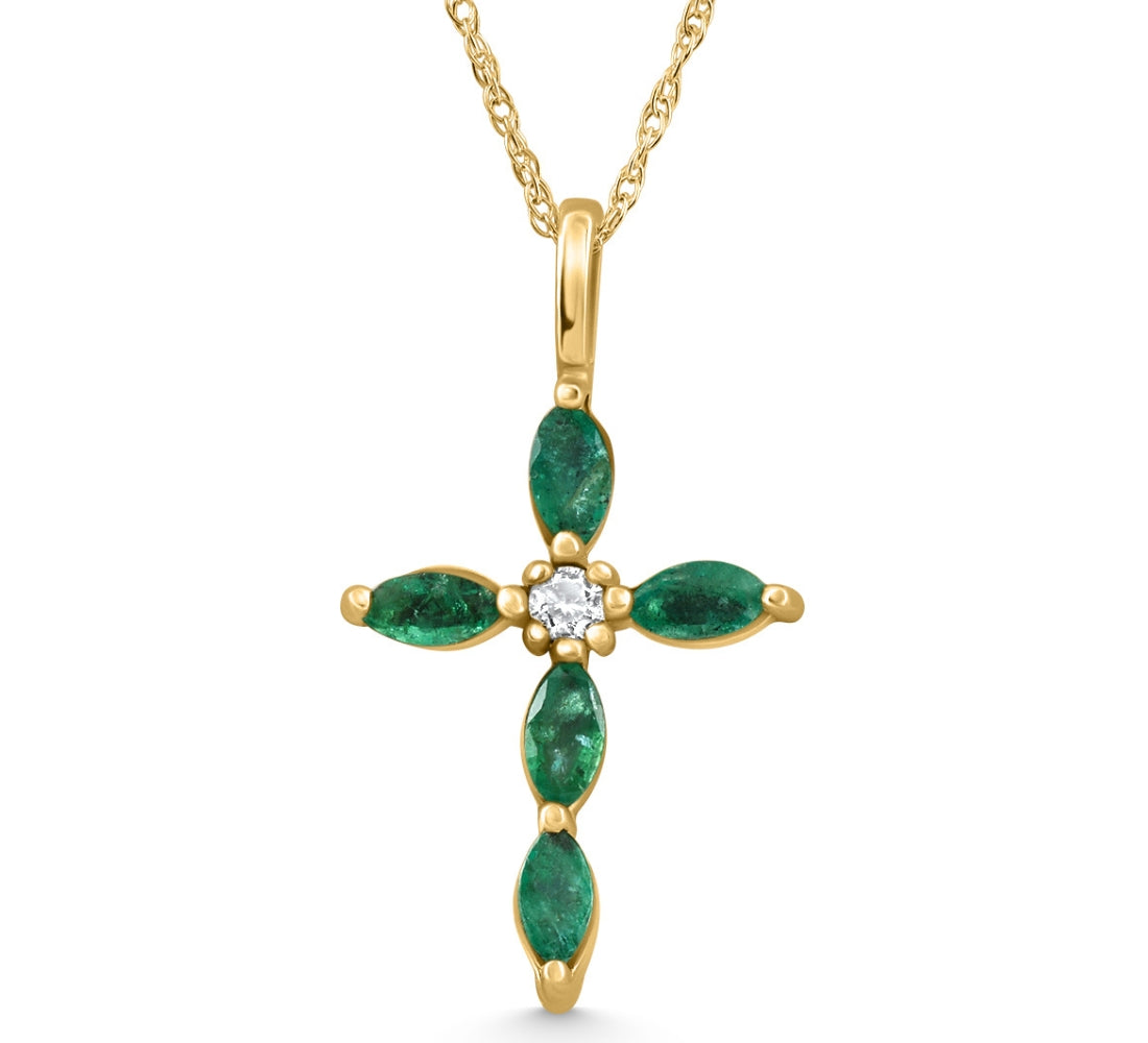 1/2ct Emerald Marquise Diamond Necklace Cross Pendant 10K Yellow Gold 1' Tall