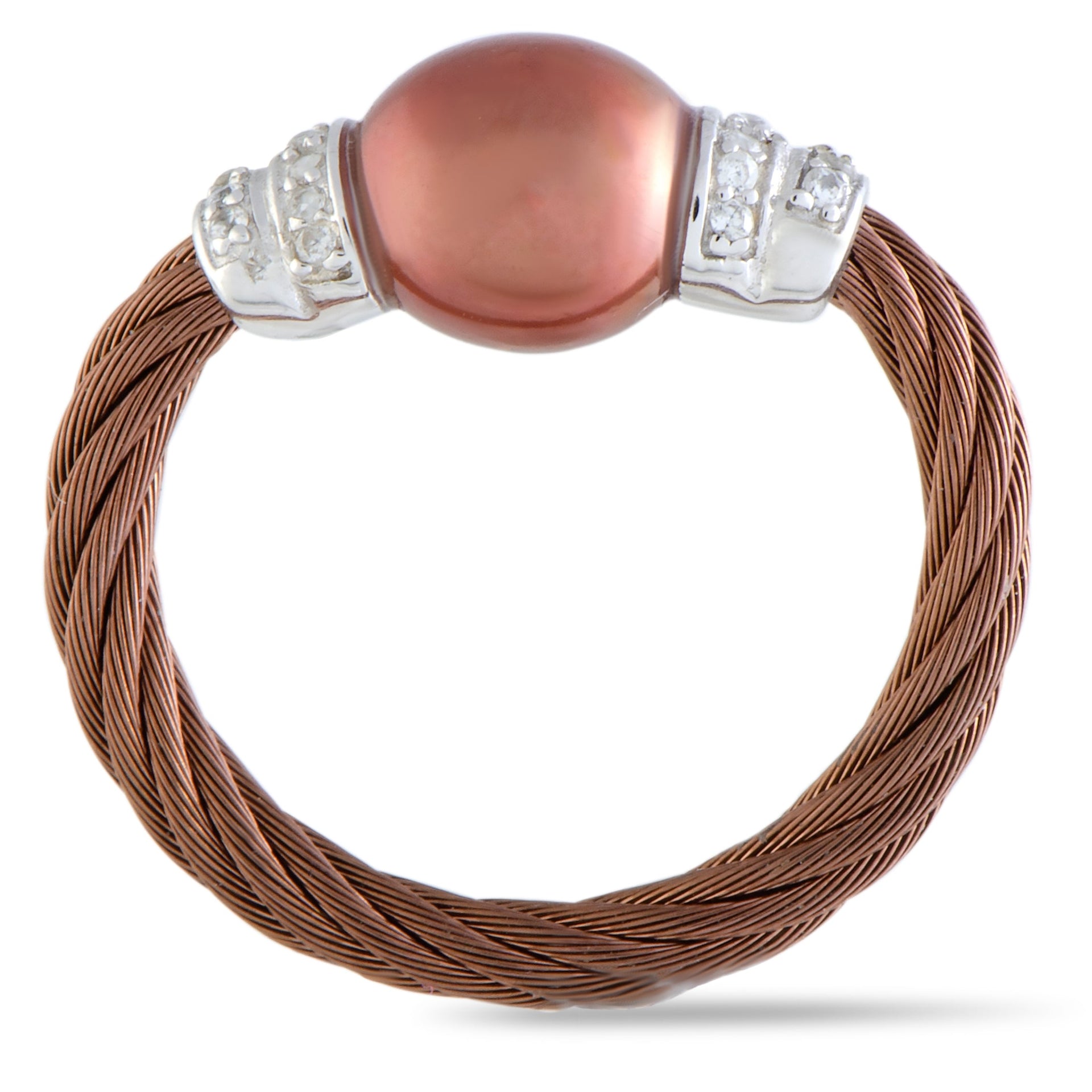 Pearl Stainless Steel Bronze PVD Brown Pearl and White Cubic Zirconia Cable Ring